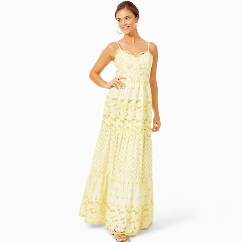 NWT Lilly Pulitzer Kyla Maxi Dress St Tropez Yellow Garden Gate Eyelet size 4